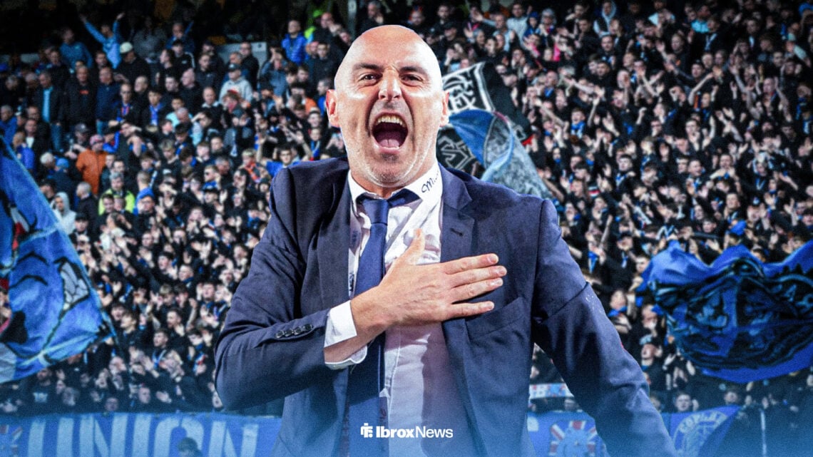 Kevin Muscat beating his chest with Ibrox in background