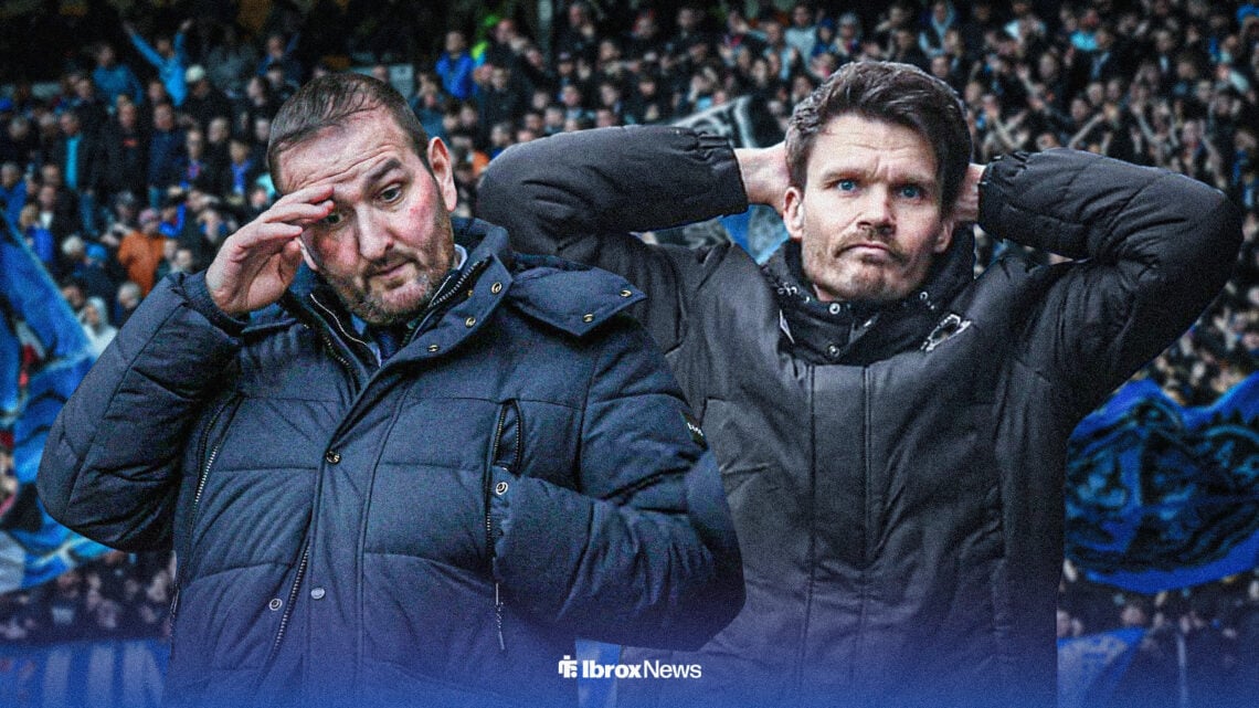 Kevin Thelwell and Danny Rohl looking annoyed at Ibrox.