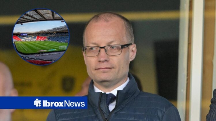 Willie Collum looks to his right, with a circular inset of Hampden Park