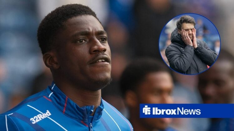 Nasser Djiga looking right with Danny Rohl with his head in hands in circular inset