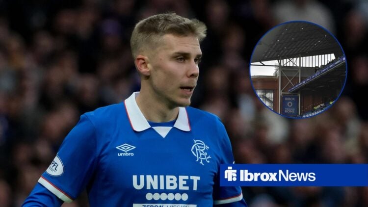 Oliver Antman in action for Rangers, with a circular frame of Ibrox alongside him