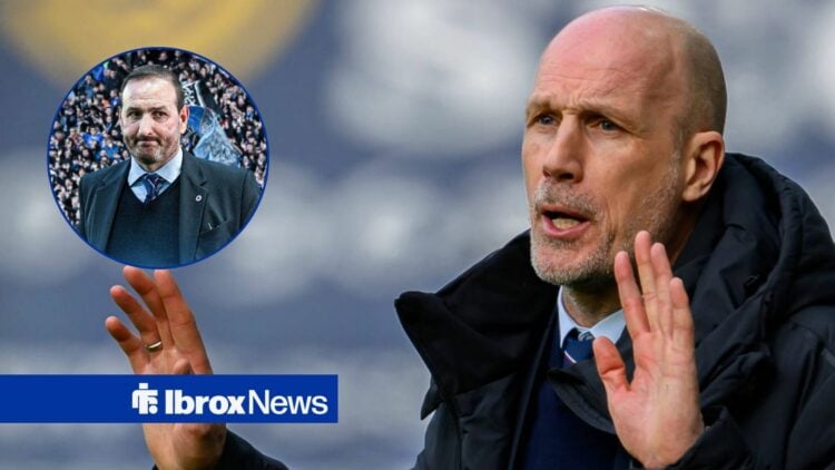 Philippe Clement with arms aloft as Kevin Thelwell looks on in circular inset