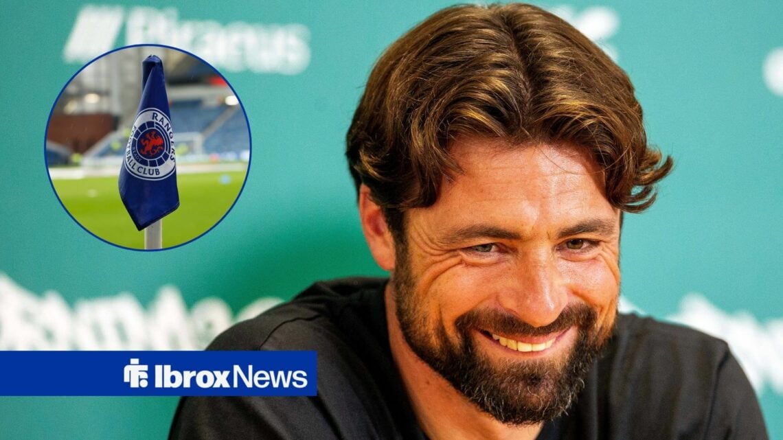 Former Rangers manager Russell Martin with Ibrox corner flag inset