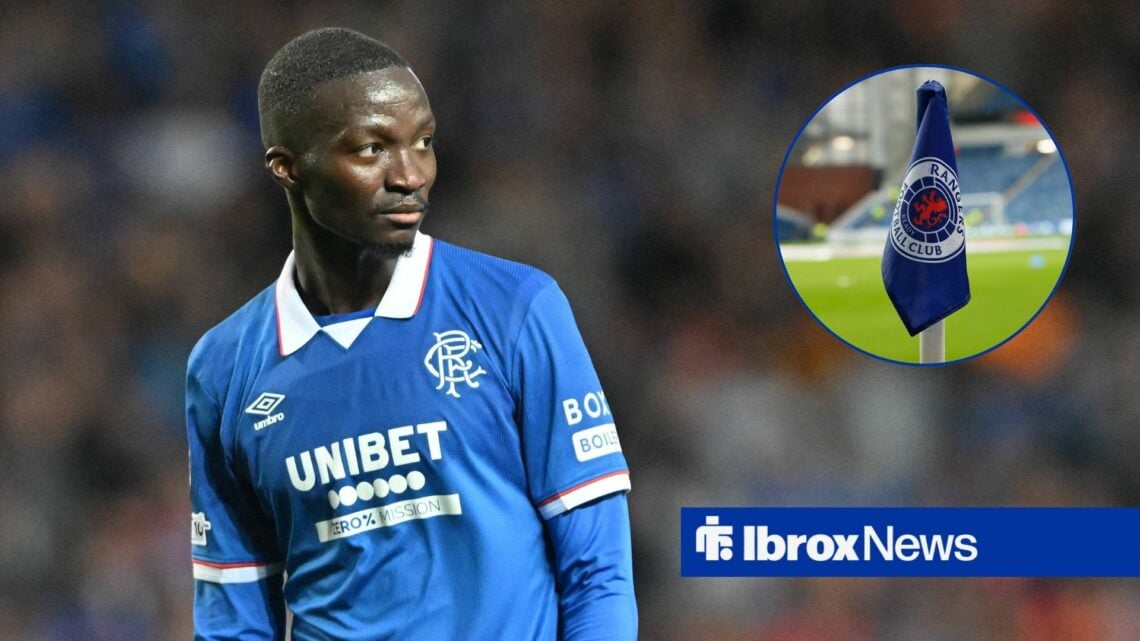 Rangers midfielder Mohamed Diomande with Ibrox corner flag inset