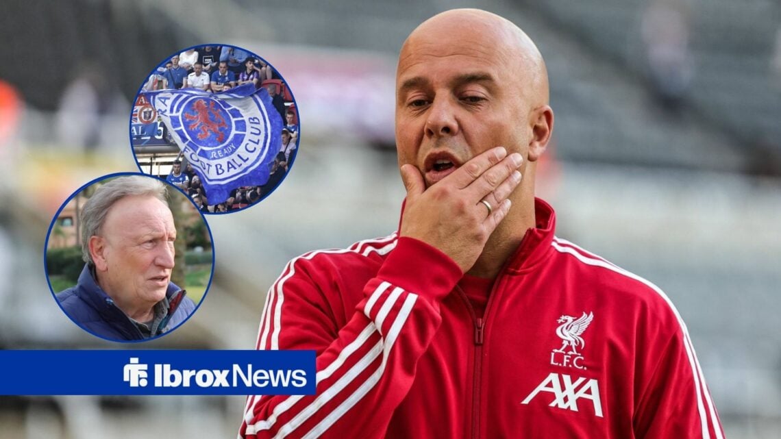 Arne Slot looking at Rangers badge and Neil Warnock