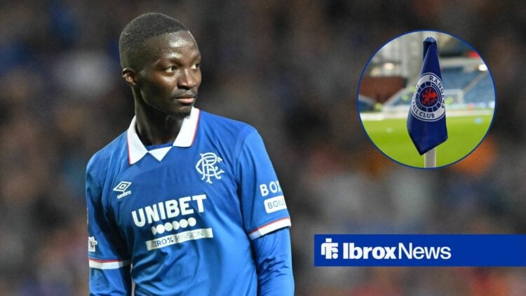 Rangers midfielder Mohamed Diomande with Ibrox corner flag inset