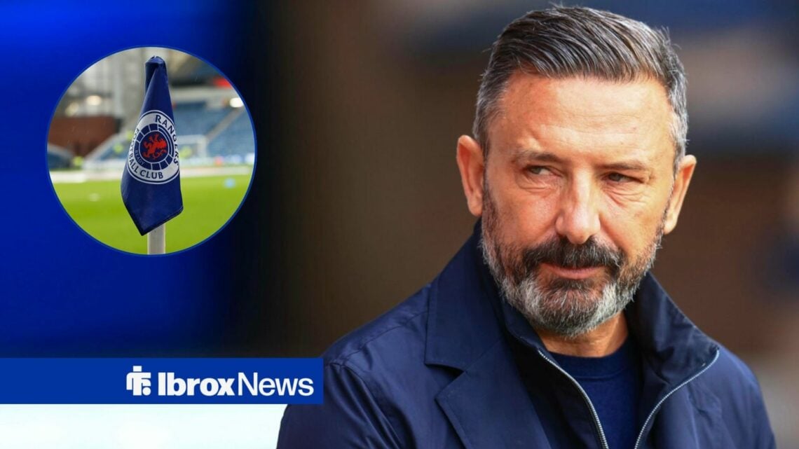 Hearts manager Derek McInnes with Rangers flag at Ibrox inset
