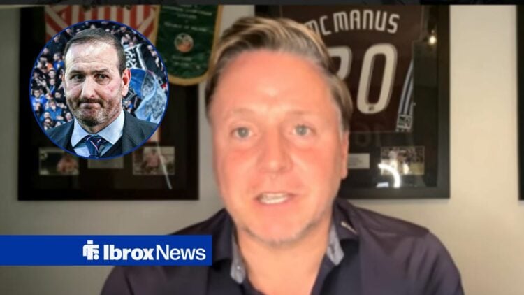 Tam McManus speaking, with Kevin Thelwell in a circular frame inset