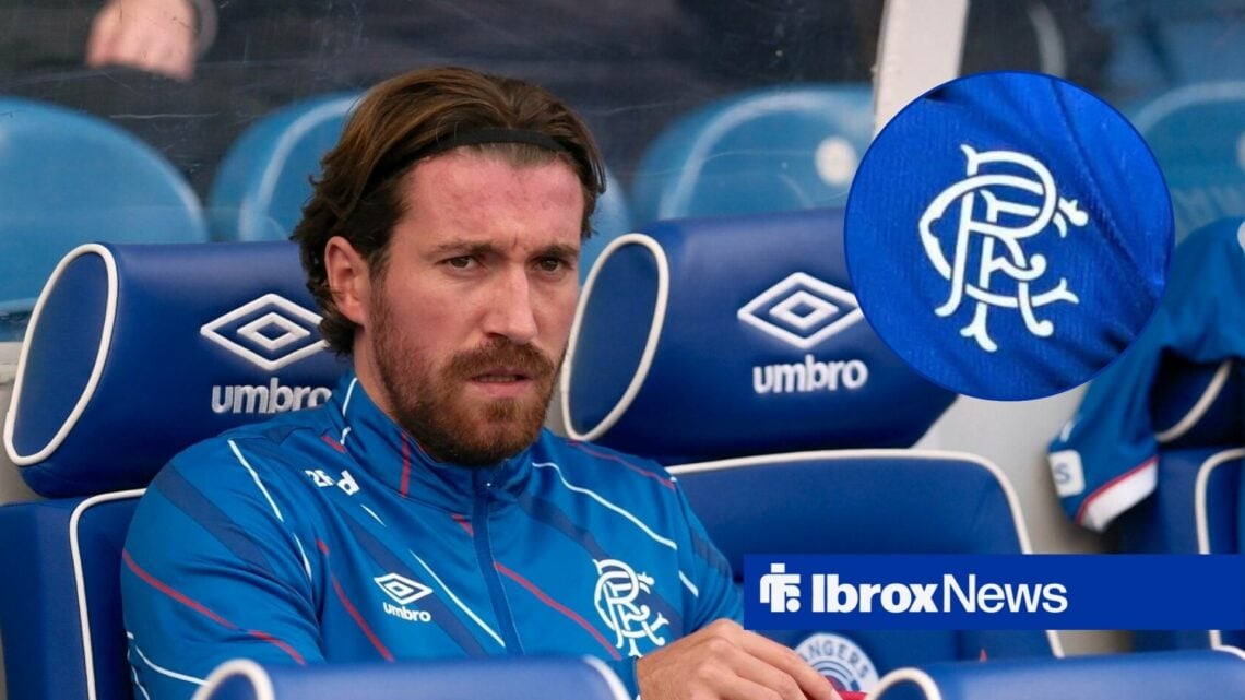 Joe Rothwell in dugout with Rangers badge in circle