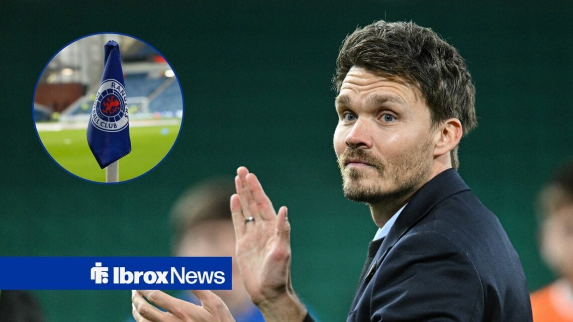 Rangers manager Danny Rohl claps with Ibrox flag inset