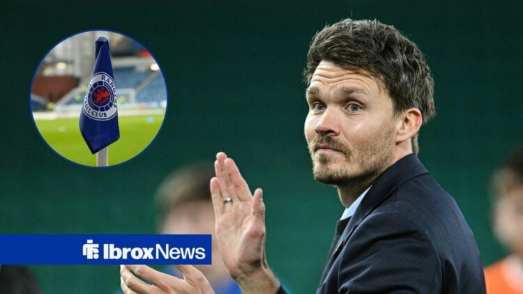 Rangers manager Danny Rohl claps with Ibrox flag inset