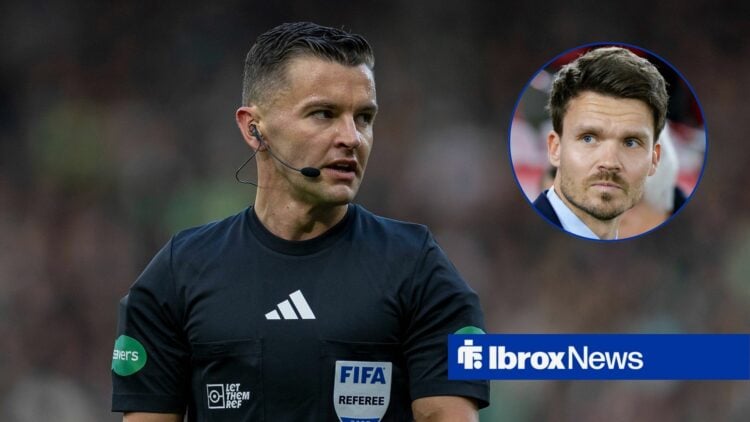 Nick Walsh refereeing Celtic vs Rangers, with Danny Rohl in a circular frame inset