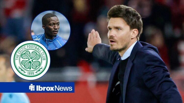 Mohamed Diomande and Danny Rohl looking at each other as Celtic badge looms.