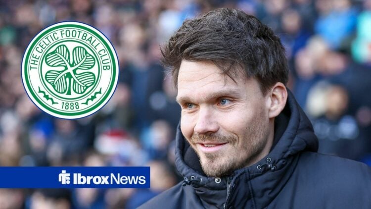 Danny Rohl smiling at Celtic badge.