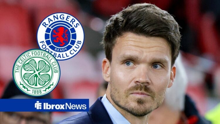 Danny Rohl looking at the Rangers and Celtic badges.