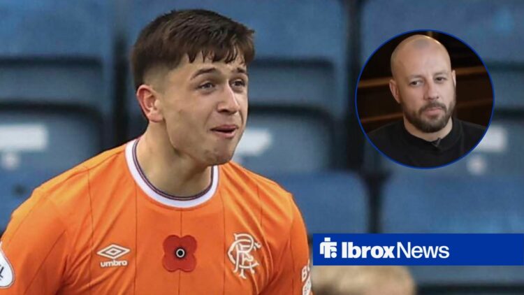 Mikey Moore celebrating a goal for Rangers looking towards Mikey Moore in a circle inset