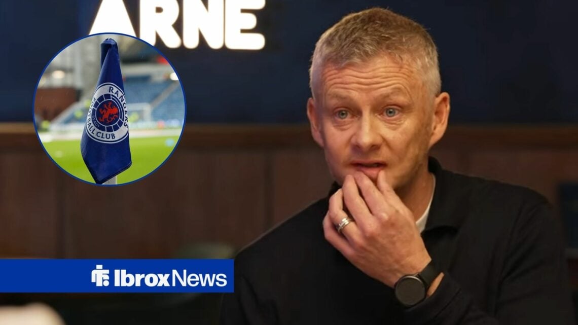 Ole Gunnar Solksjaer speaking on The Overlap looking towards an image of Ibrox in a circle inset
