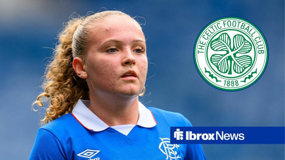 Mia McAulay alongside a circle inset of the Celtic badge.
