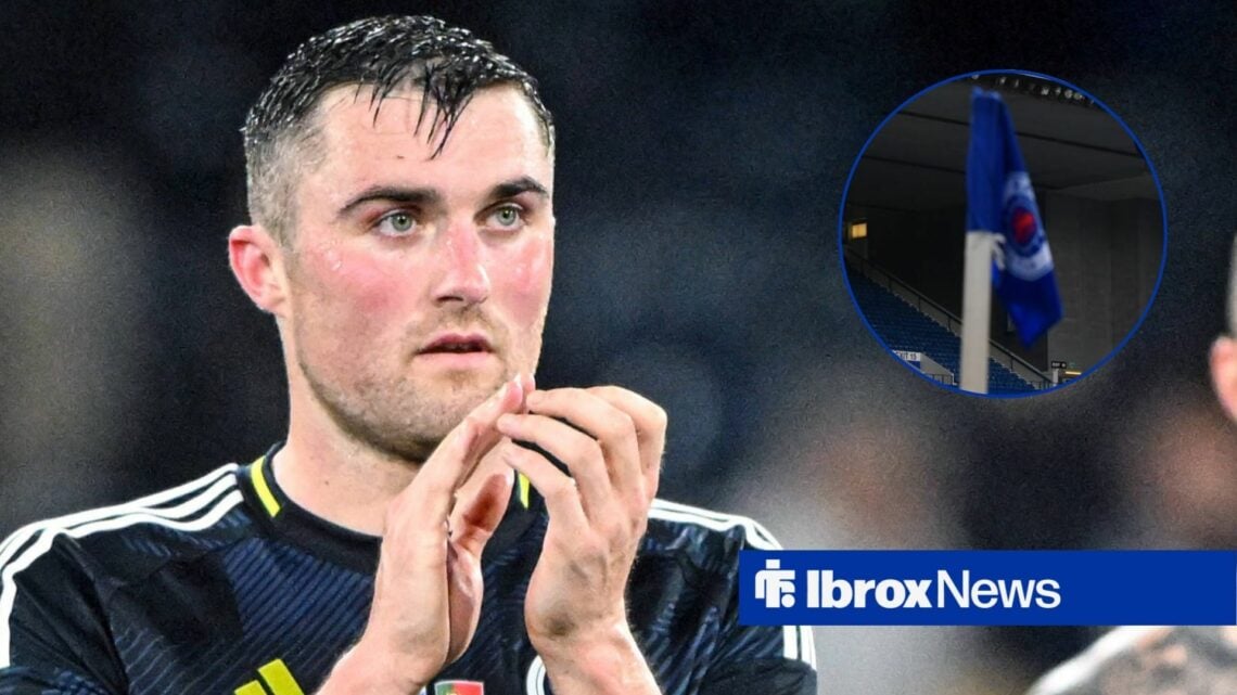 John Souttar playing for Scotland looking towards a circle inset of a Rangers flag at Ibrox