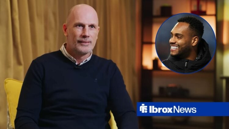 Philippe Clement speaking in a Norwich City interview looking towards a circle inset of Danilo smiling