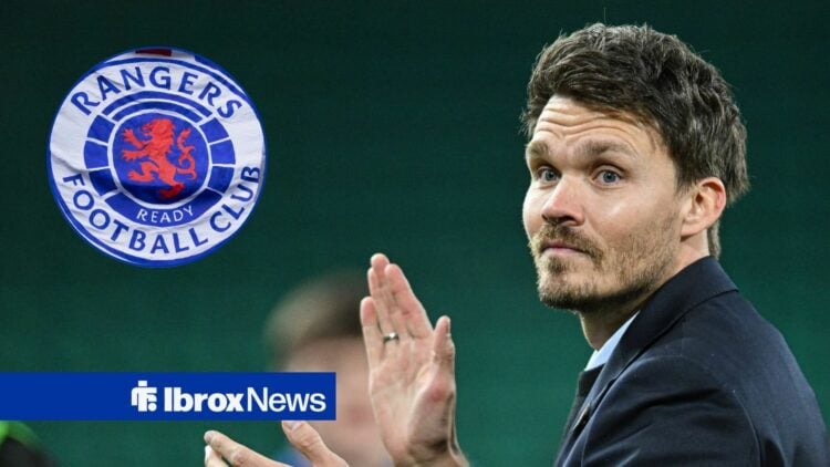 Danny Rohl alongside a circle inset of the Rangers badge.