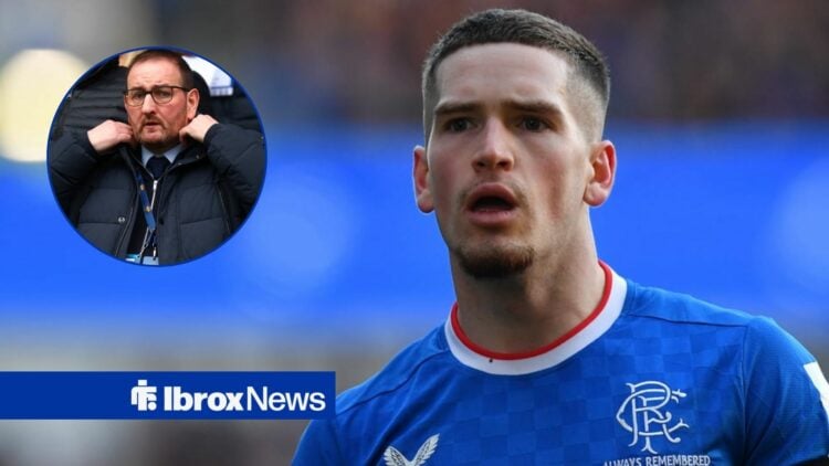 Ryan Kent looking at Kevin Thelwell, both with a serious look on their faces.