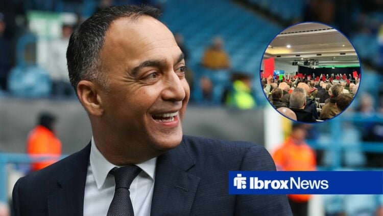 Paraag Marathe laughing looking towards a circle inset of Celtic fans at an AGM meeting