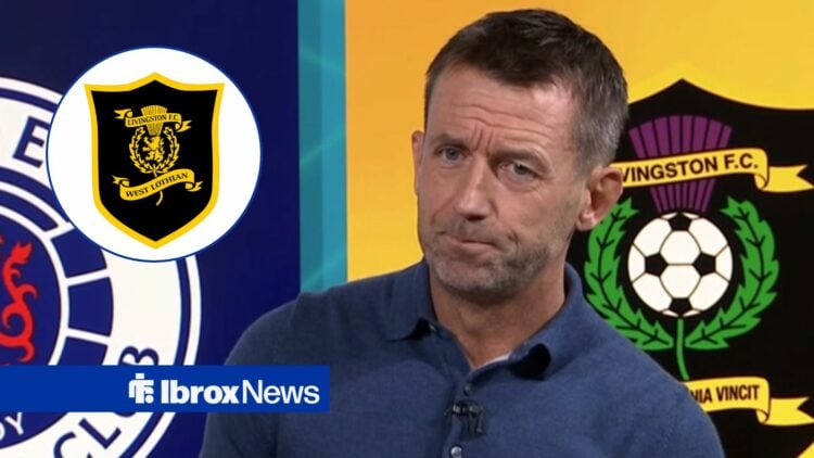 Neil McCann speaking on BBC Sportscene looking towards a circle inset of the Livingston badge