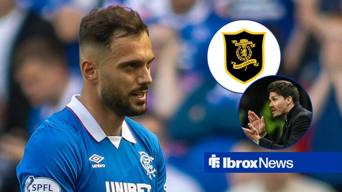 Nedim Bajrami playing for Rangers looking at circle insets of the Livingston badge and Danny Rohl clapping in a circle inset