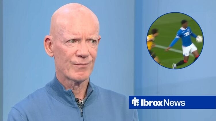 Dermot Gallagher on Sky Sports News looking towards a circle inset of Emmanuel Fernandez playing for Rangers against Livingston