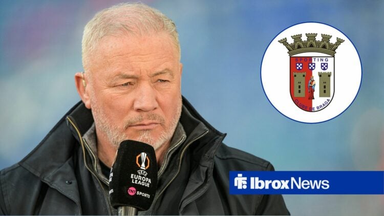 Ally McCoist speaking into a microphone looking towards a Braga badge in a circle inset