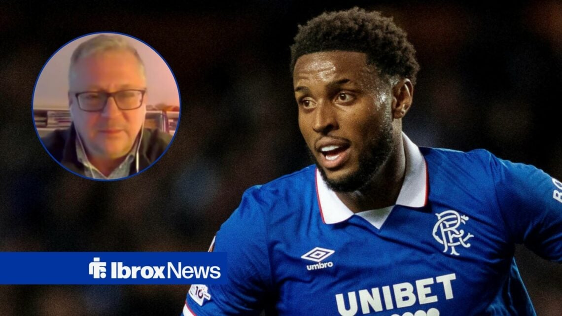 Youssef Chermiti playing for Rangers looking towards a circle inset of Tom English