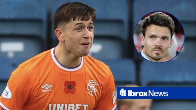 Rangers winger Mikey Moore celebrates with Danny Rohl inset