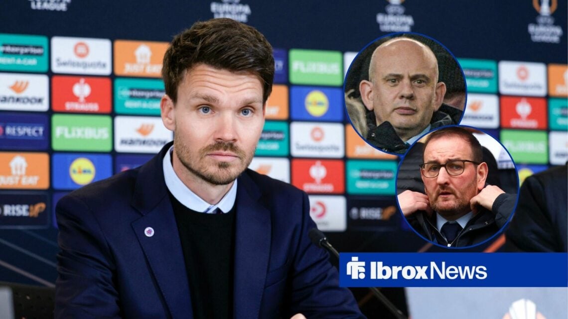 Danny Rohl speaking at a press conference, with Patrick Stewart and Kevin Thelwell in circular frames inset