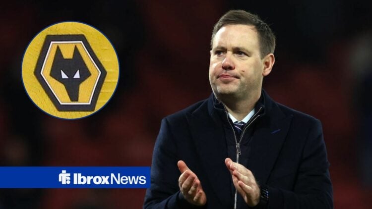 Michael Beale clapping with Wolves badge in circle