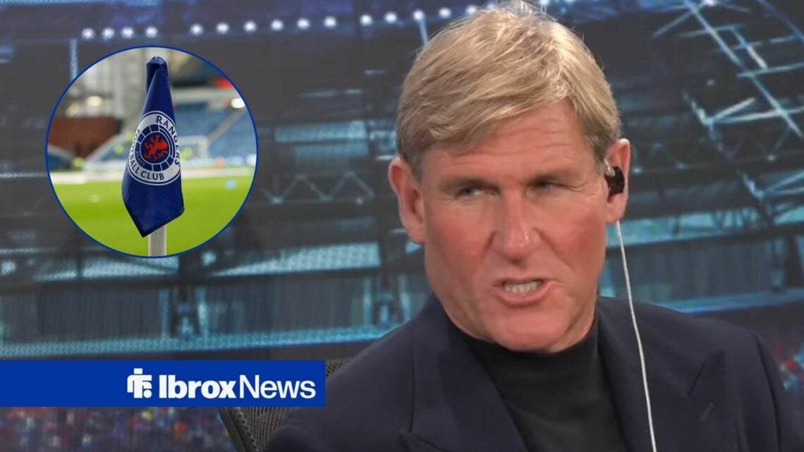 Talksport presenter Simon Jordan with Rangers flag at Ibrox inset