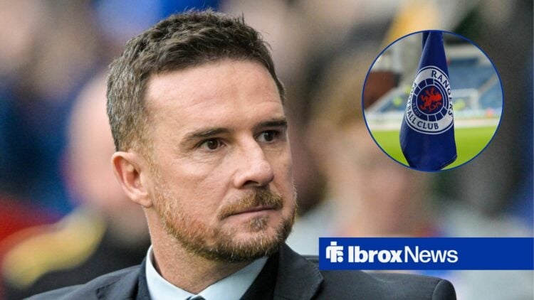 Barry Ferguson looks towards a circular frame that contains a Rangers corner flag