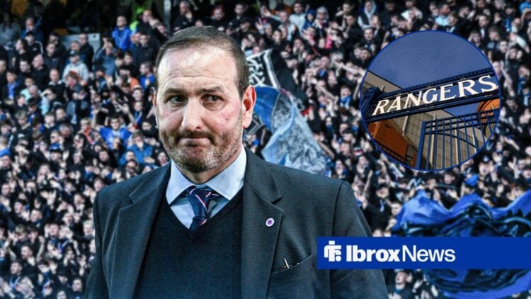 Kevin Thelwell in a suit, looking towards a circular frame of Ibrox