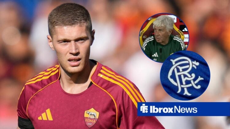 Artem Dovbyk playing for Roma looking towards circle insets of Gian Piero Gasperini and the Rangers badge