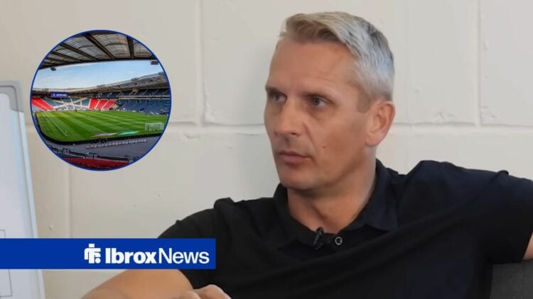 Former Rangers striker Peter Lovenkrands with Hampden Park inset