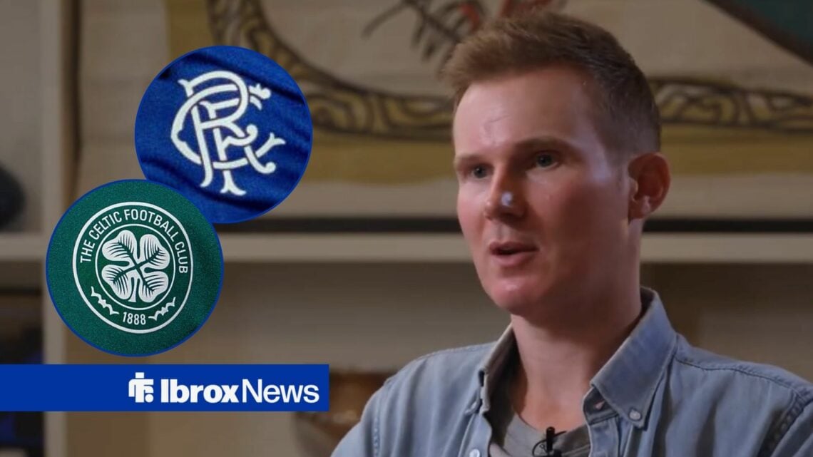 Darrell Currie looking frustrated towards circle insets of the Rangers and Celtic badge