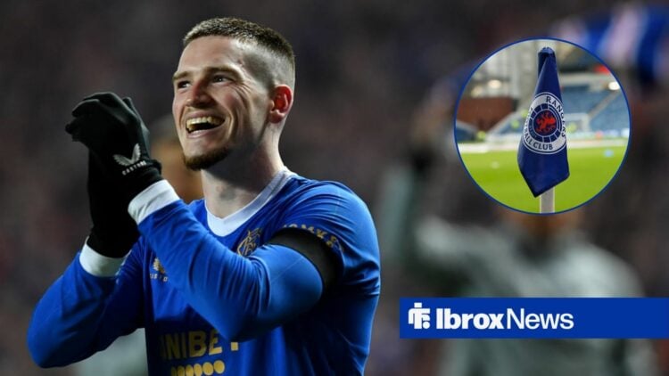 Former Rangers winger Ryan Kent smiles and claps with Ibrox flag inset