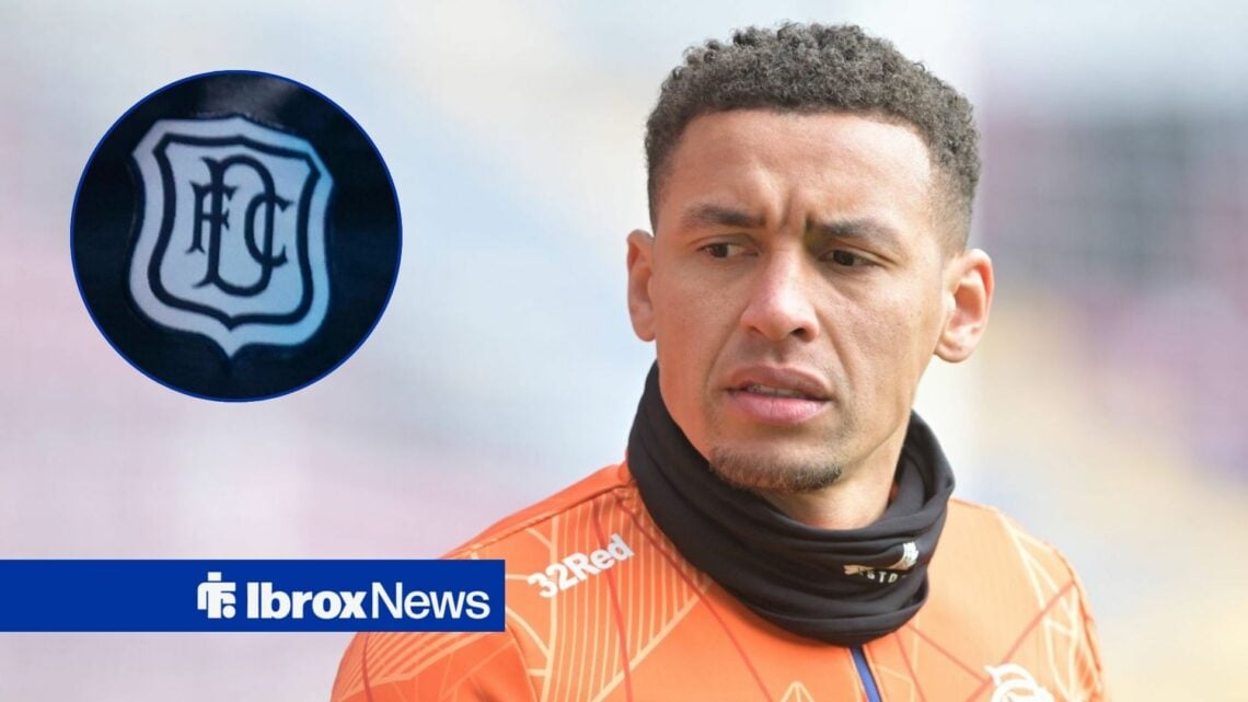 James Tavernier looking towards the Dundee badge in a circle inset