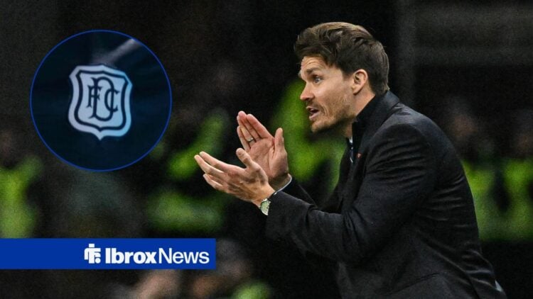 Danny Rohl alongside a circle inset of the Dundee badge.