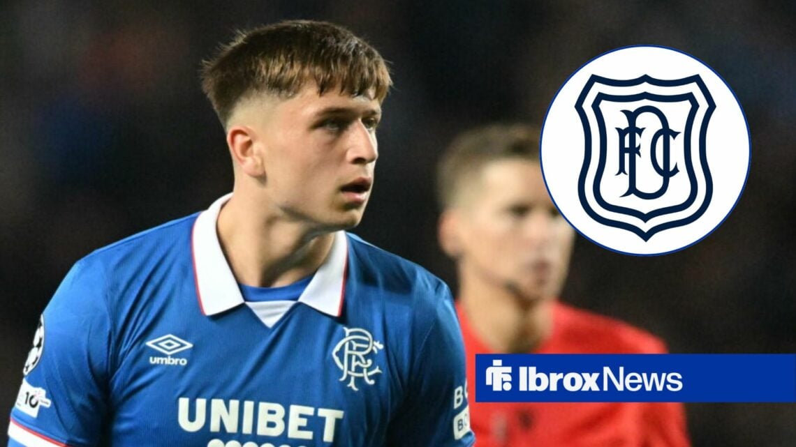 Mikey Moore playing for Rangers looking towards the Dundee FC badge in a circle inset