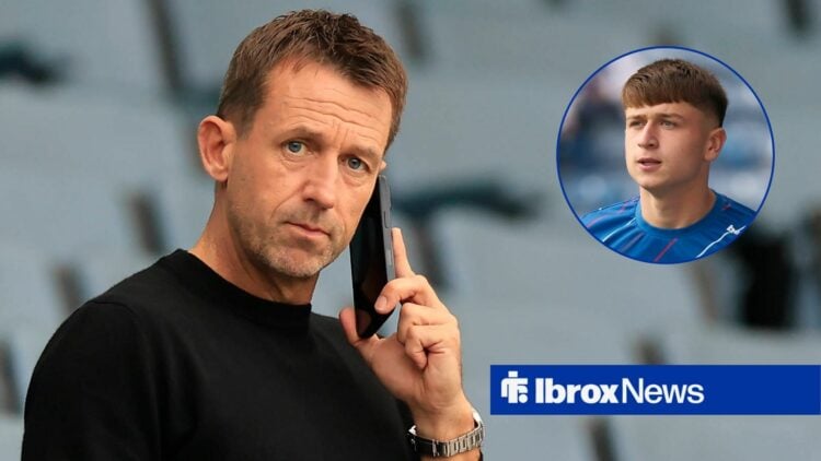Neil McCann speaking on the phone looking towards Mikey Moore training with Rangers in a circle inset