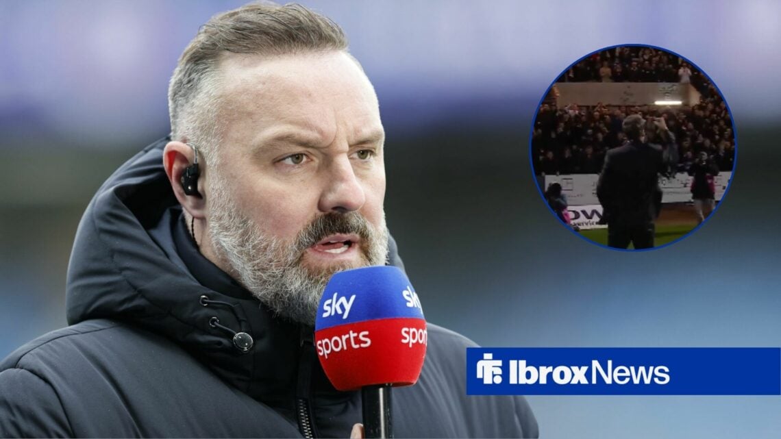 Kris Boyd looking annoyed towards a circle inset of Danny Rohl celebrating with Rangers fans at Dundee