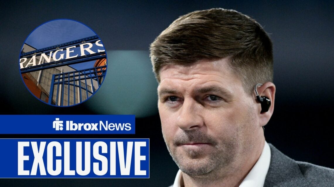 Steven Gerrard looks towards a circular frame of Ibrox