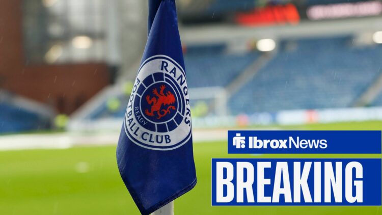 A Rangers corner flag inside Ibrox, with a breaking news banner alongside it