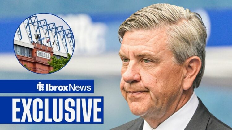 Andrew Cavenagh looking annoyed towards a circle inset of Ibrox